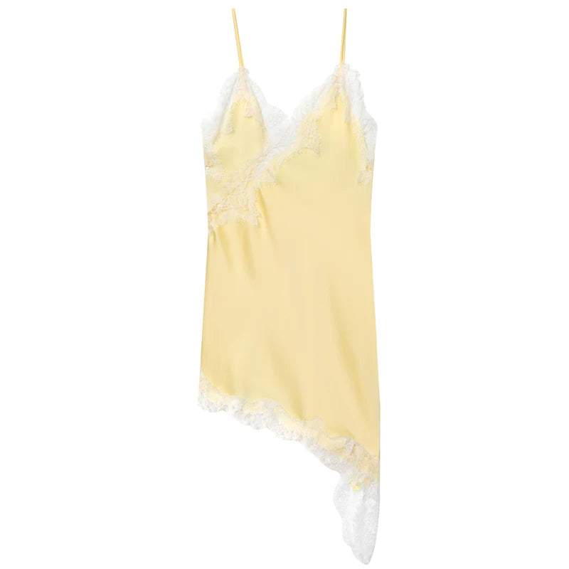 Women's Lace Asymmetric Dress - Sleeveless Slip Dress - Yellow
