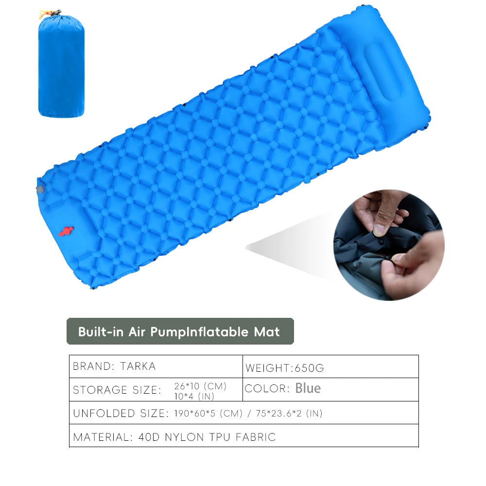Inflatable Camping Sleeping Pad - Pillow Mat for Outdoor Trips - Blue
