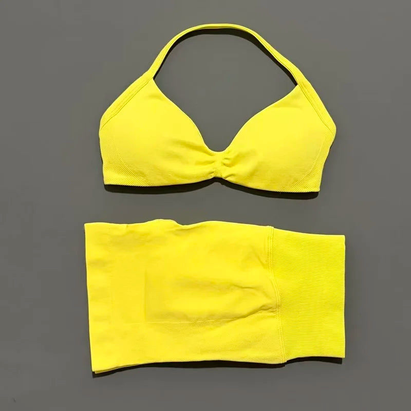 Women's Two-Piece Workout Set - Sports Bra and Shorts - Chicken Yellow