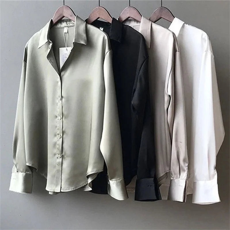 Women's Button Blouse - Long Sleeve Turn-Down Collar Shirt