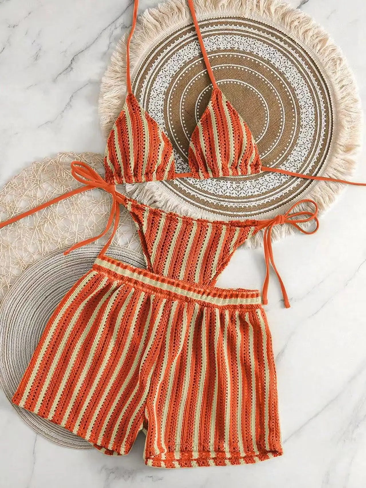 Women's Three-Piece Bikini Set - Lace-Up Mesh Swimwear - Orange Red