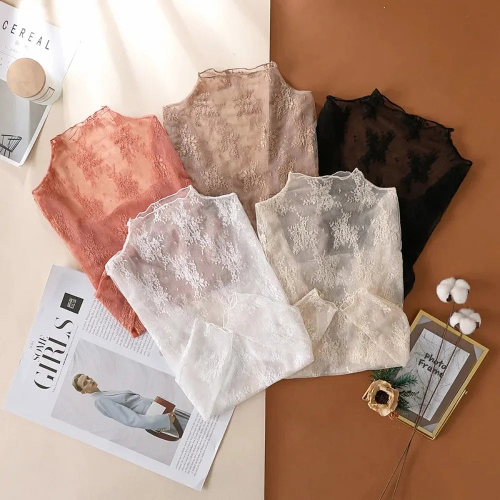 Women's Mesh Lace Top - Long Sleeve Sheer Blouse