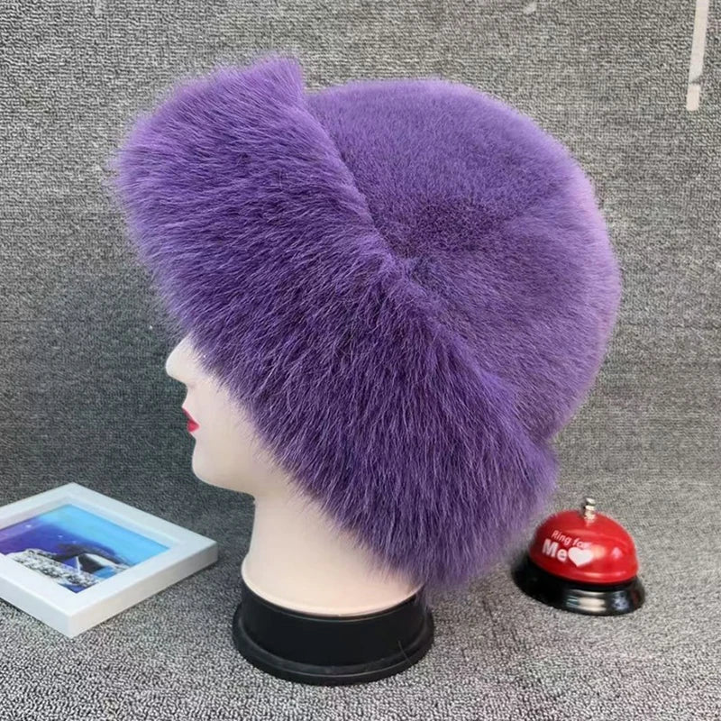Women's Plush Winter Beanie - Faux Fur Cold Weather Hat - Purple
