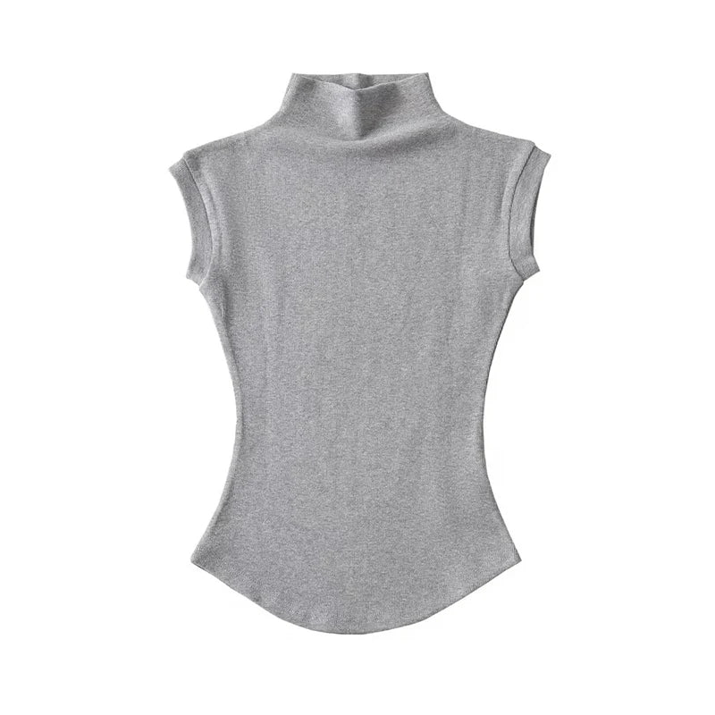 Sleeveless Turtleneck Top - Slim Fit Summer Tee - Gray