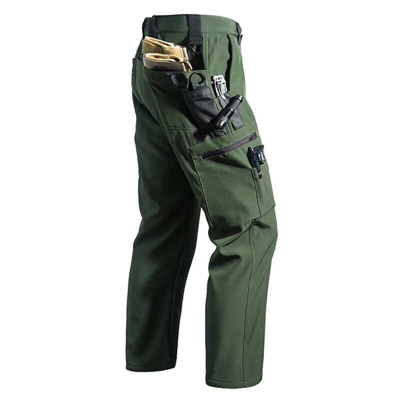 Men's Fleece Cargo Hiking Pants - Outdoor Softshell Trousers - Green Pant Thick Jkc
