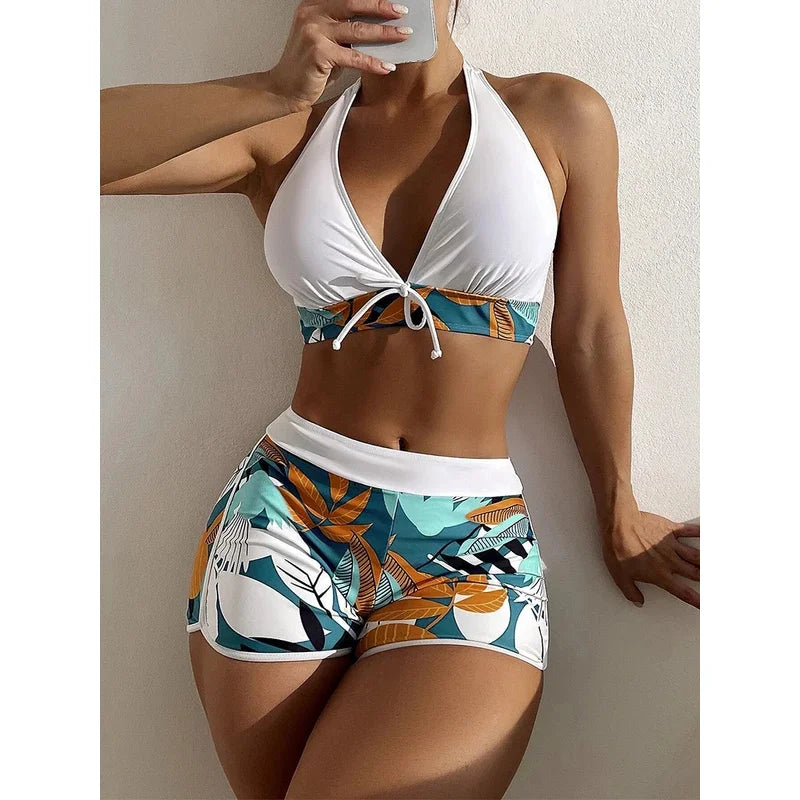 Women's Halter Bikini Set - High-Waist Printed Swimwear