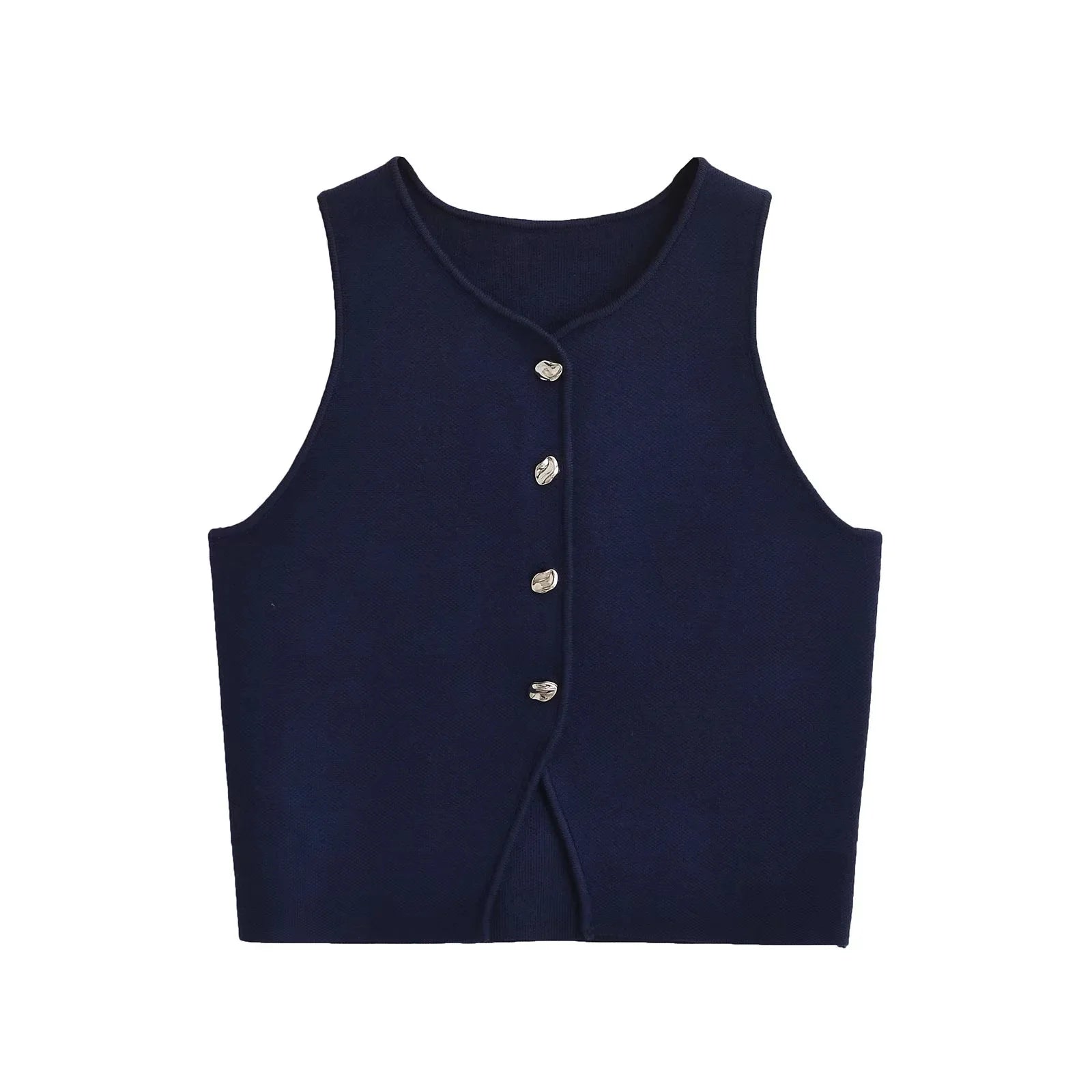 Women's Cropped Knit Vest - Sleeveless Asymmetrical Sweater - Navy Blue