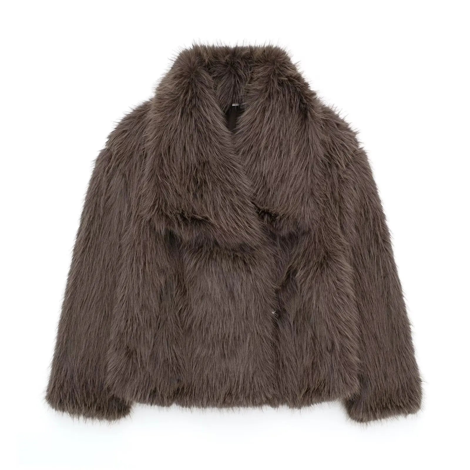 Women's Faux Fur Jacket - Cropped Snap-Front Coat - Brown