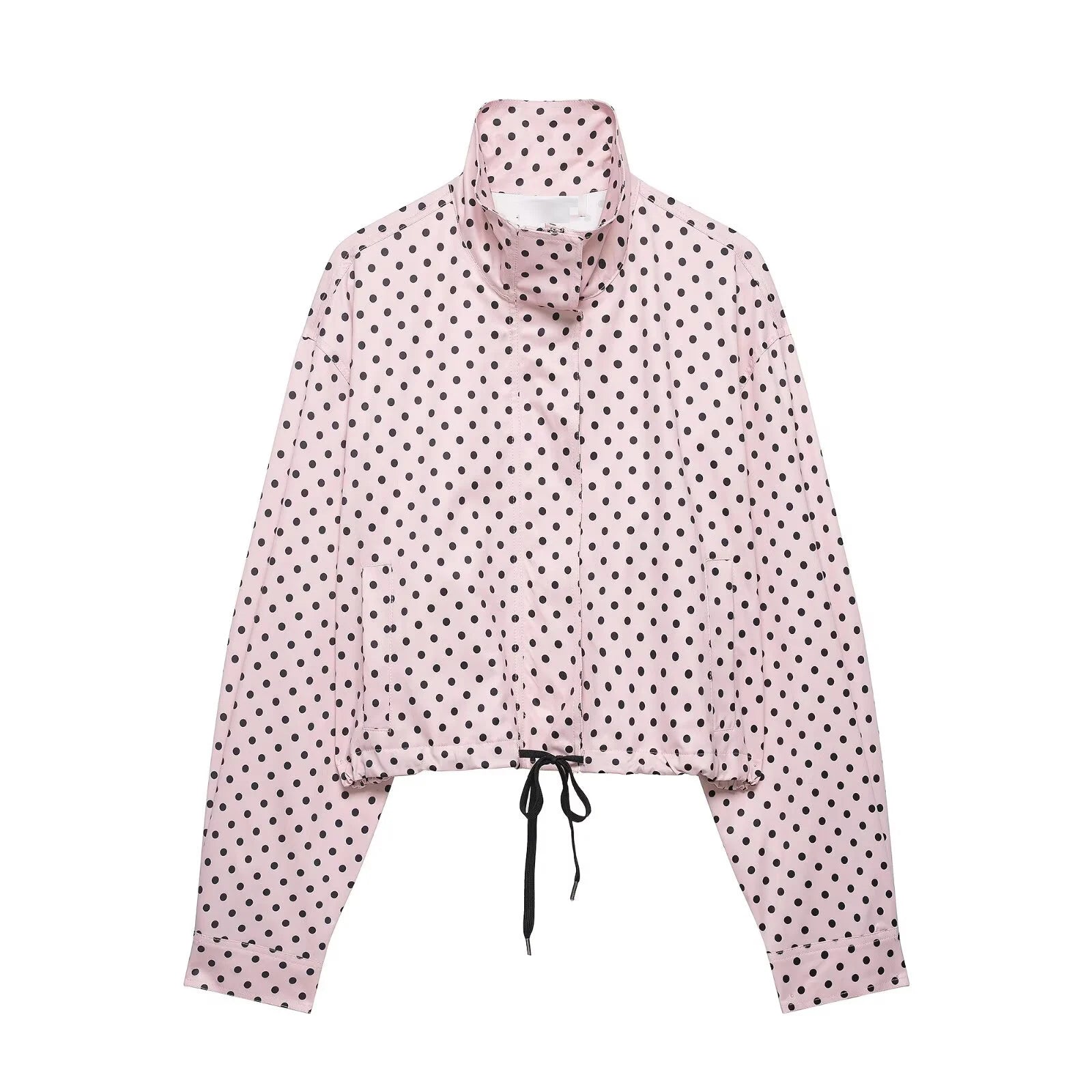 Women's Polka Dot Zip Jacket - Drawstring Casual Outerwear - Pink Dot Top