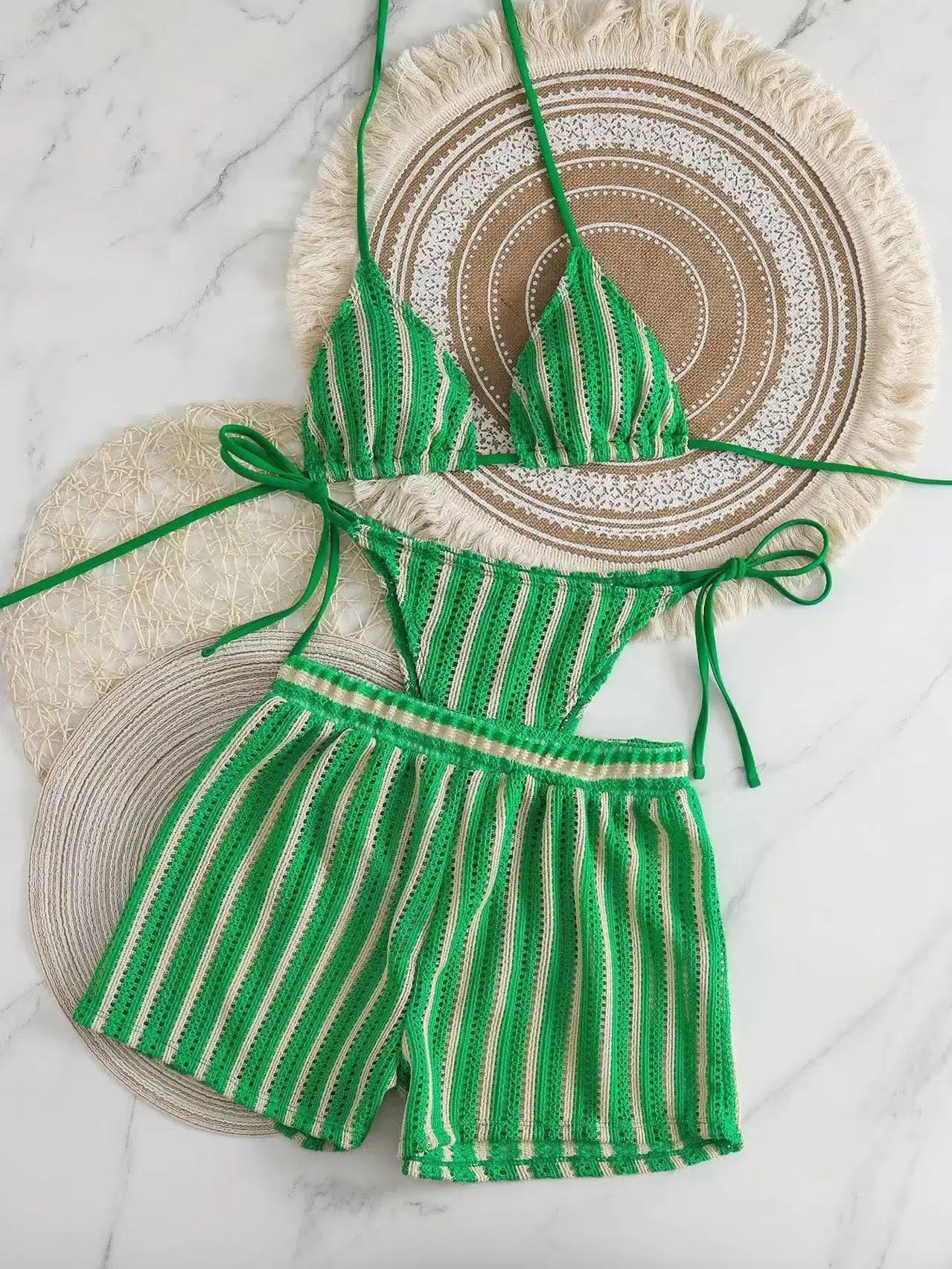 Women's Three-Piece Bikini Set - Lace-Up Mesh Swimwear - Green