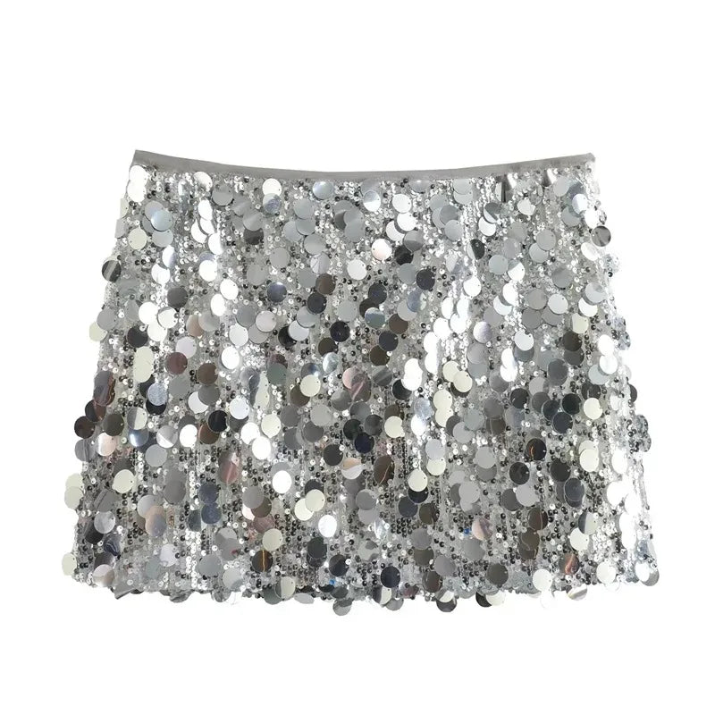 Silver Sequin Mini Skirt - High Waist Glitter Short Skirt