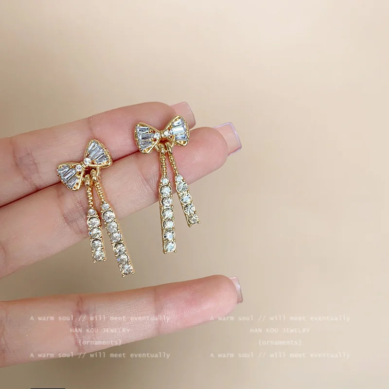 Bow Stud Earrings - Gold-Color Rhinestone Fashion Jewelry