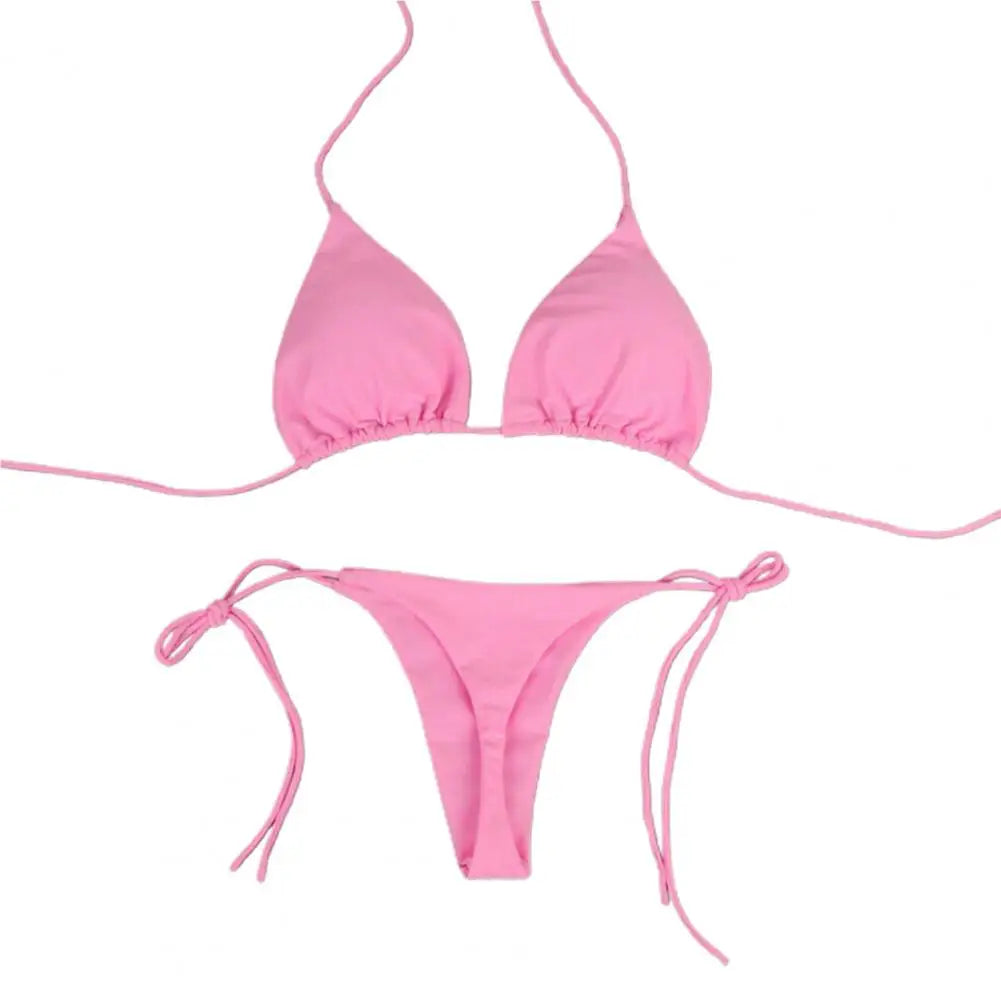 Women's Solid Halter Bikini Set - Two-Piece Swimwear - Pink