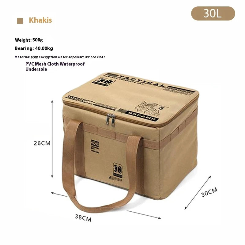 Insulated Camping Storage Bag - 30-42 L Picnic Organizer - Khaki 30L