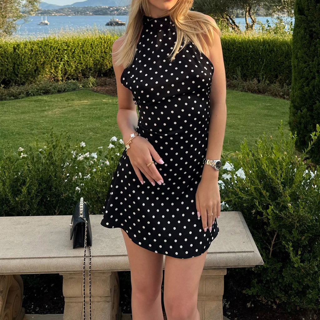 Polka Dot Halter Dress - Sleeveless Mini Party Dress