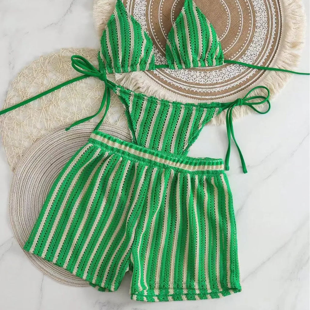 Women's Three-Piece Bikini Set - Lace-Up Mesh Swimwear