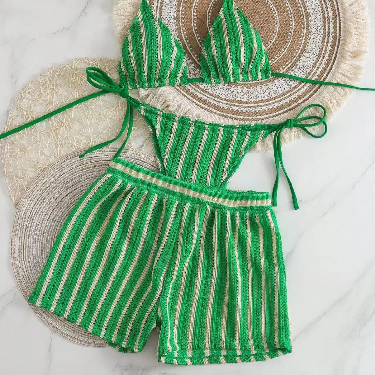 Women's Three-Piece Bikini Set - Lace-Up Mesh Swimwear