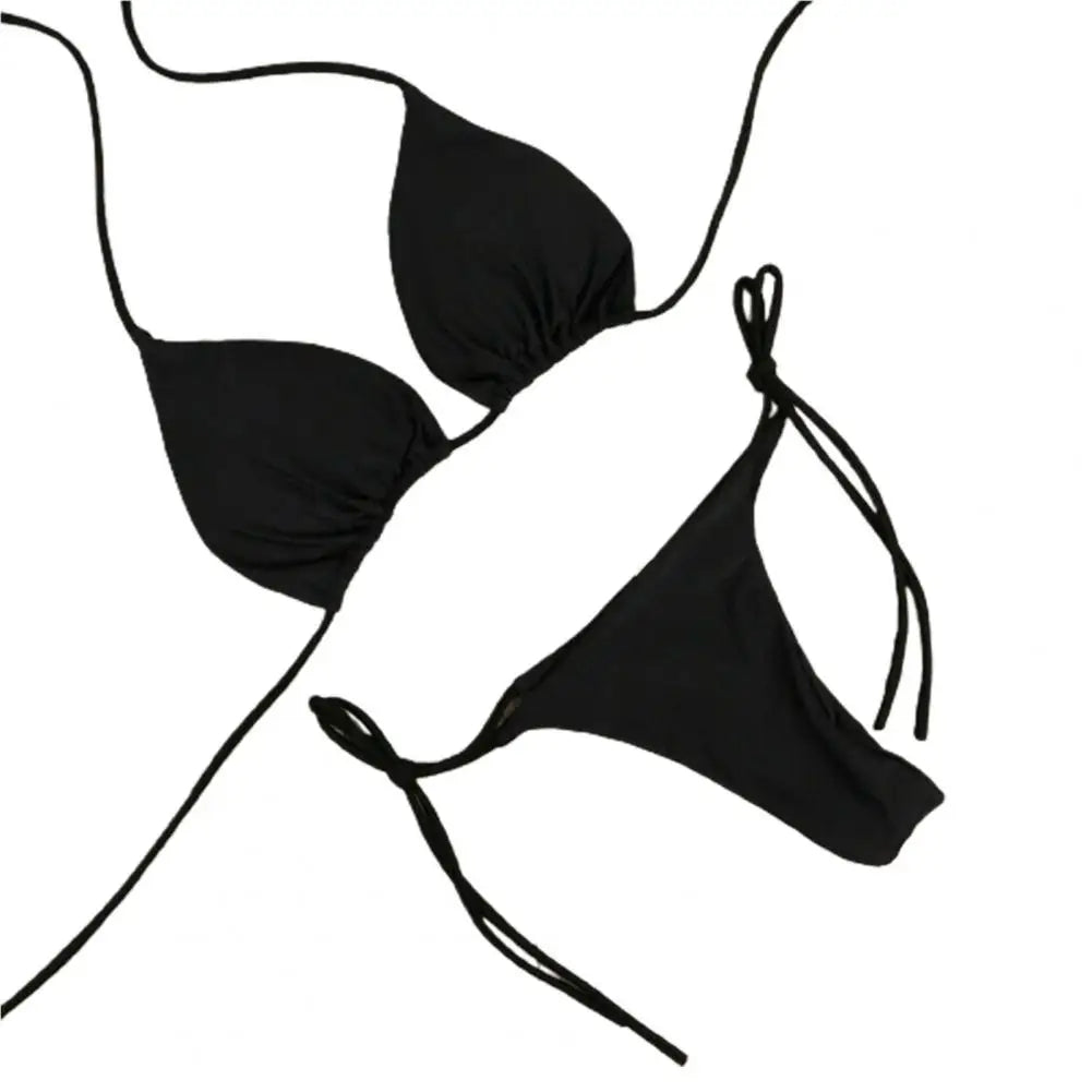 Women's Solid Halter Bikini Set - Two-Piece Swimwear - Black