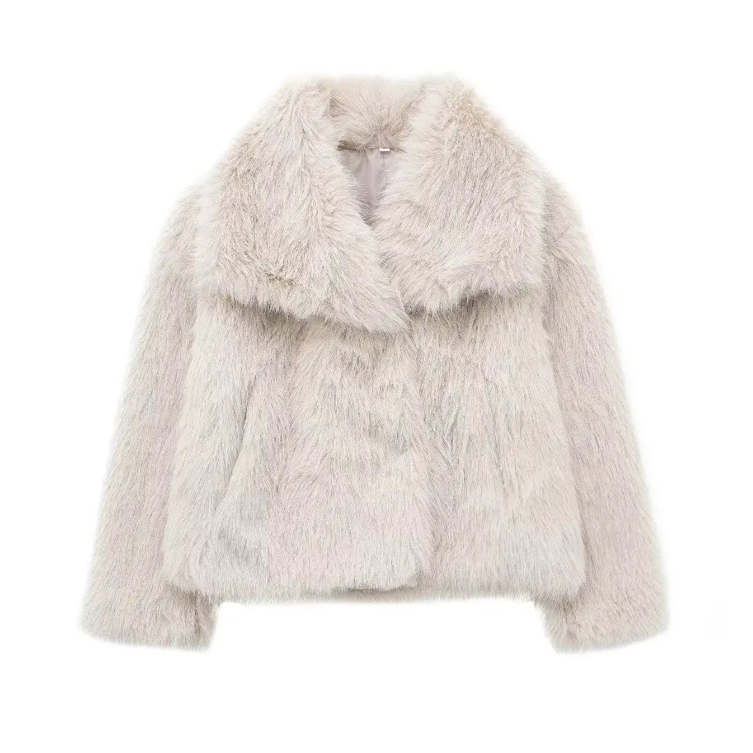 Women's Faux Fur Jacket - Cropped Snap-Front Coat - Beige White