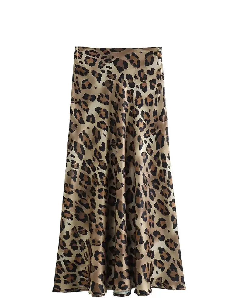 Women's Leopard Midi Skirt - High Waist A-Line Style
