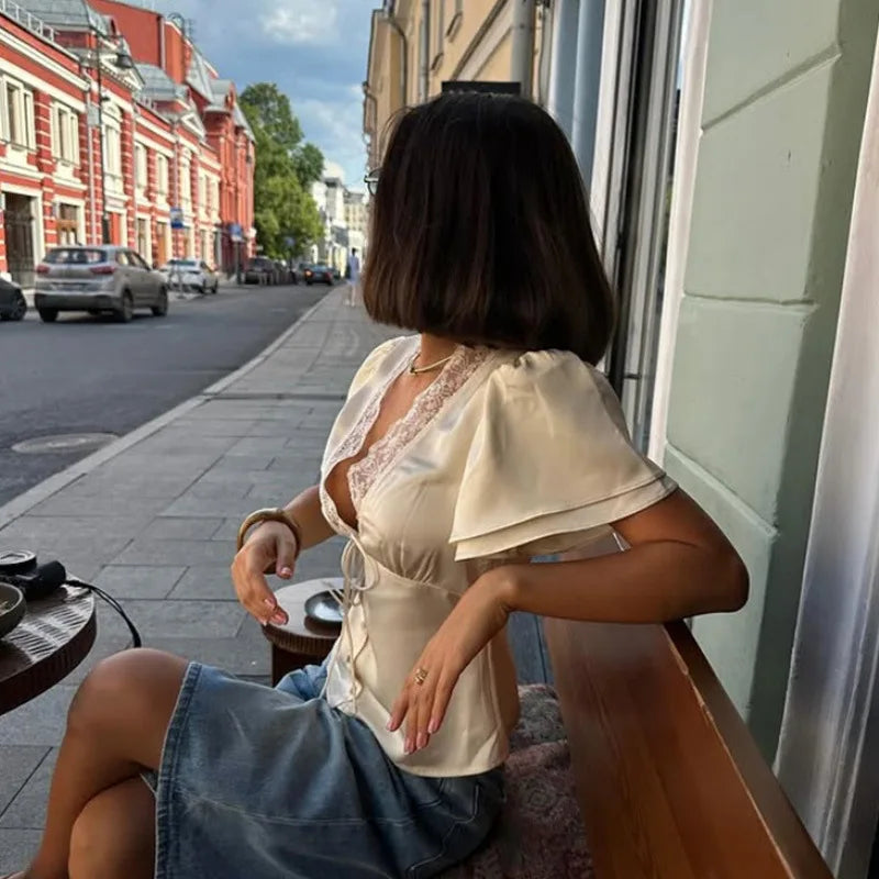 Women's Lace V-Neck Top - Short Sleeve Satin Style Tee