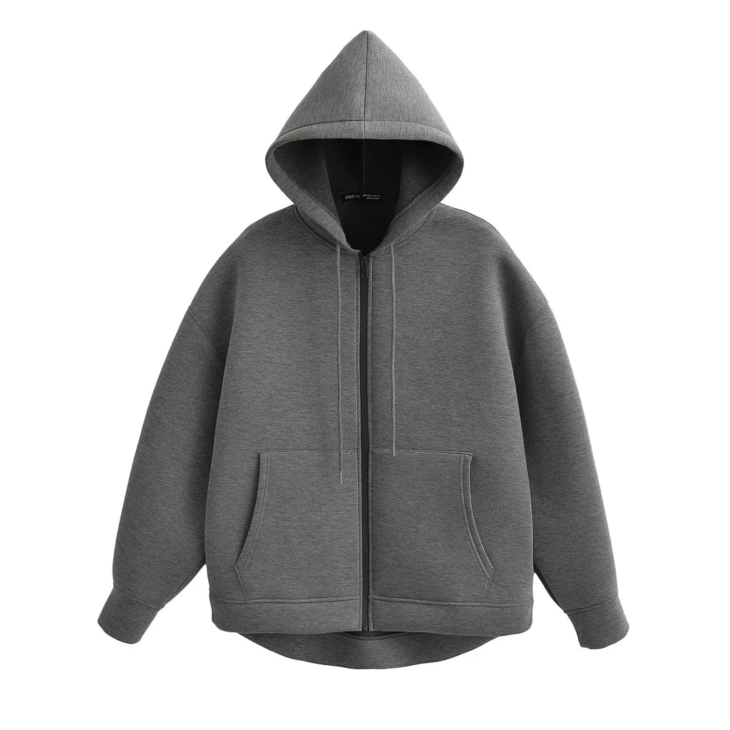 Women's Hooded Zip Sweatshirt - Loose Casual Jacket - Dark Gray