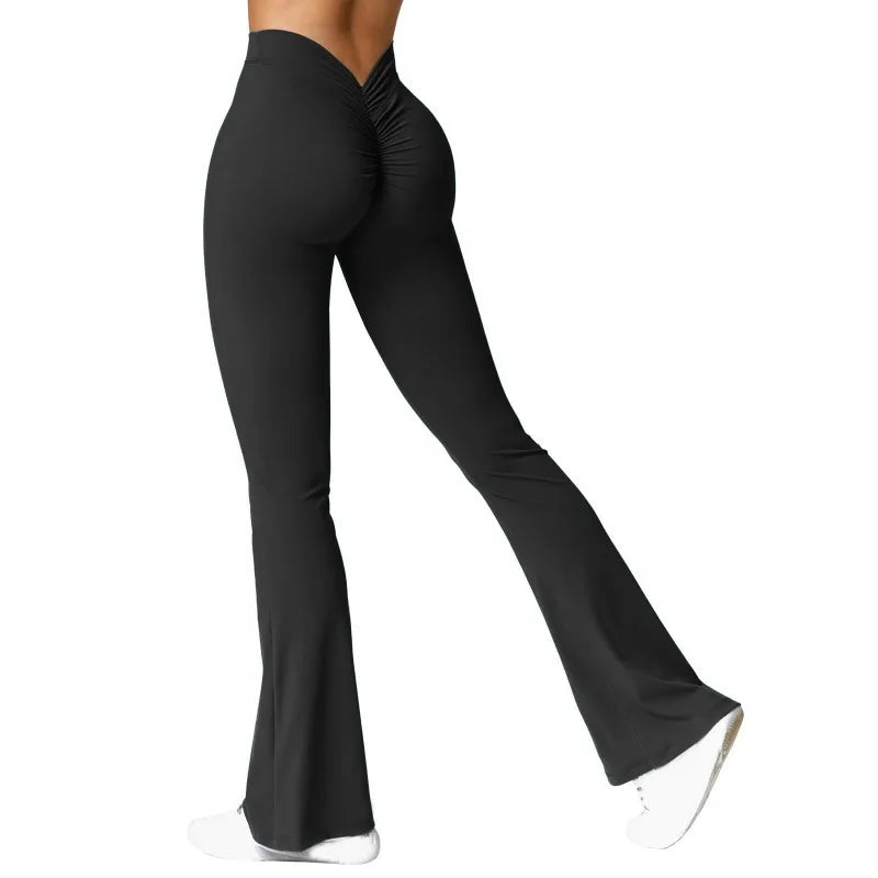 V-Back Waist Leggings - Solid Slim Casual Sports Pants - Black