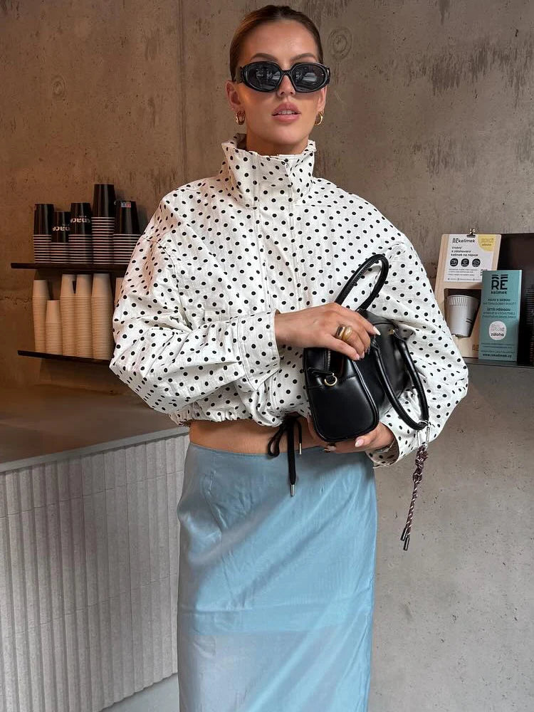 Women's Polka Dot Zip Jacket - Drawstring Casual Outerwear