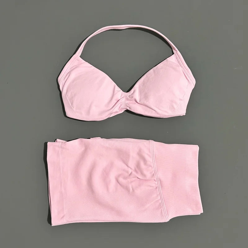 Women's Two-Piece Workout Set - Sports Bra and Shorts - Pink