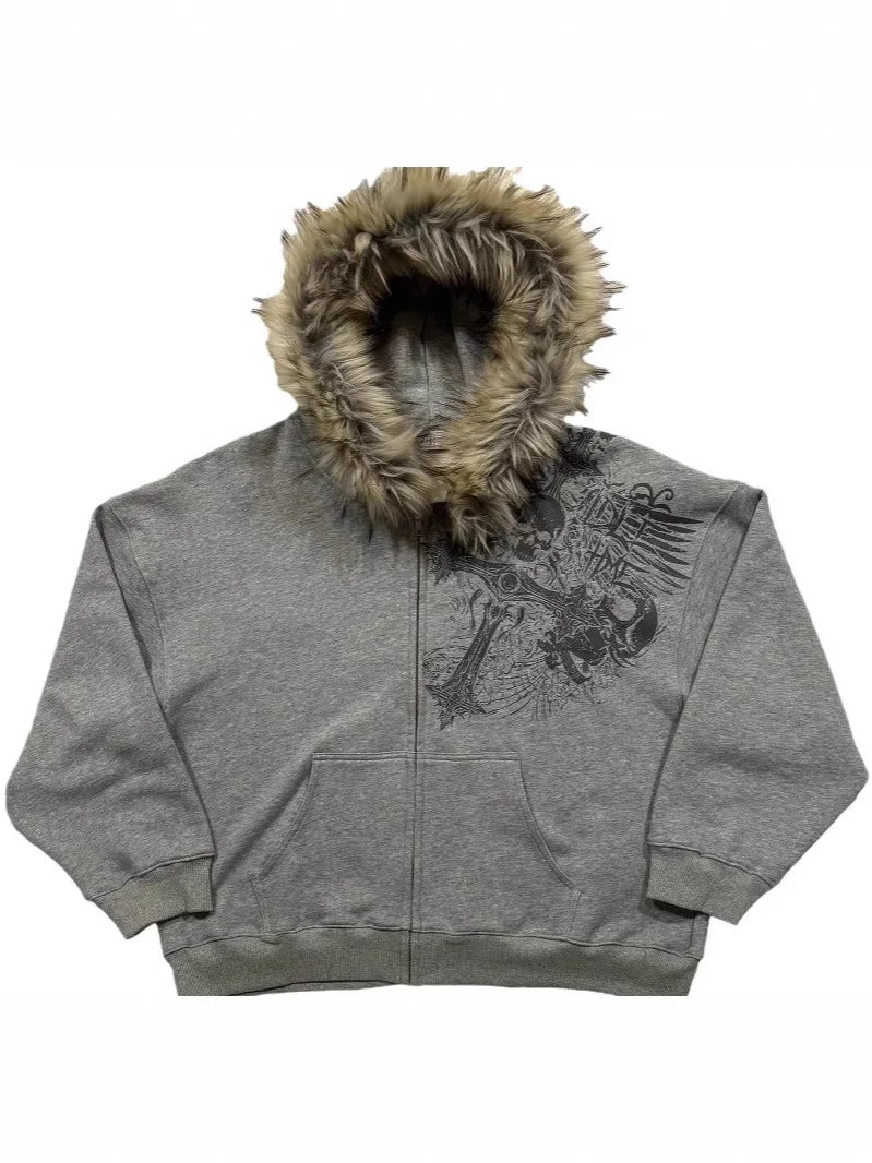 Women's Faux Fur Collar Hoodie - Graphic Zip-Up Jacket - Gray