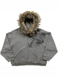 Women's Faux Fur Collar Hoodie - Graphic Zip-Up Jacket - Gray