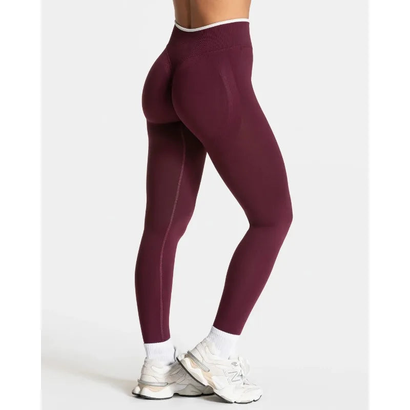 Women's Colorblock Yoga Leggings - High Waist Workout Tights - Maroon