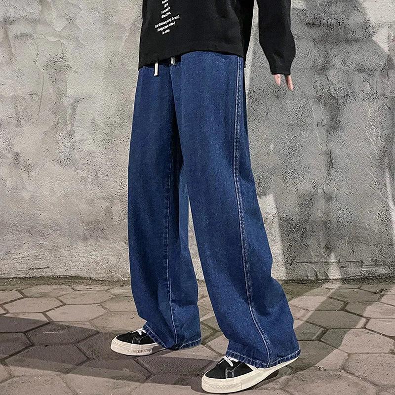 Men's Wide Leg Jeans - Loose Streetwear Denim Pants - Dark Blue