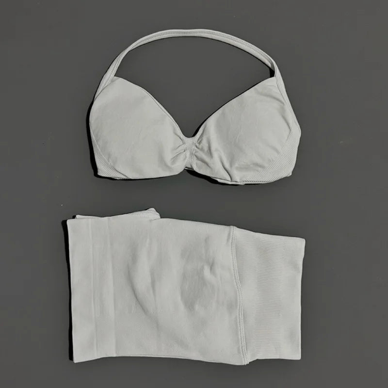 Women's Two-Piece Workout Set - Sports Bra and Shorts - Beige