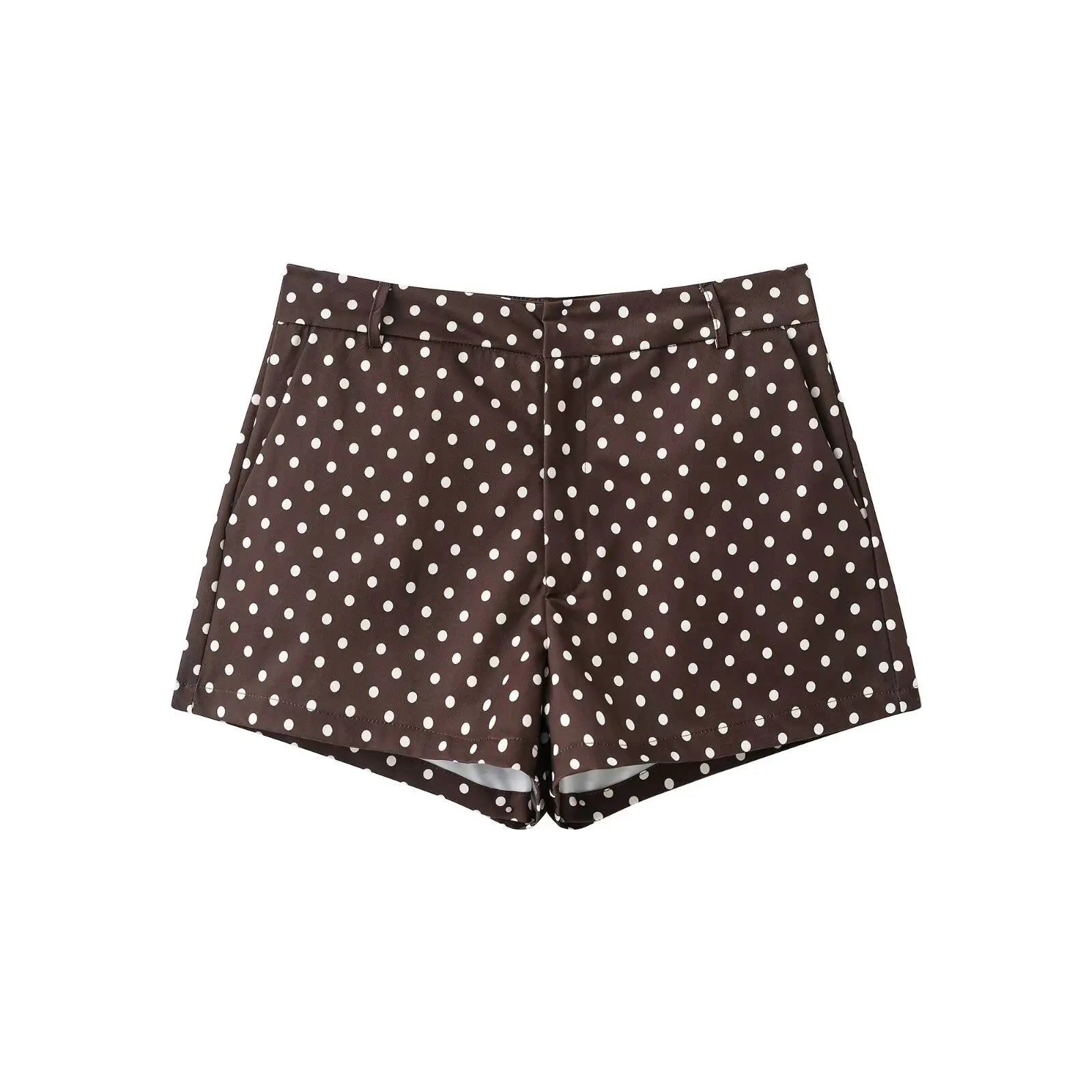 Women's Polka Dot Zip Jacket - Drawstring Casual Outerwear - Brown Dot Shorts