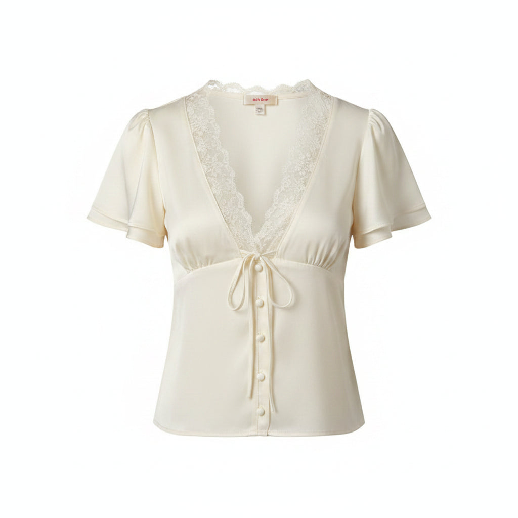 Women's Lace V-Neck Top - Short Sleeve Satin Style Tee