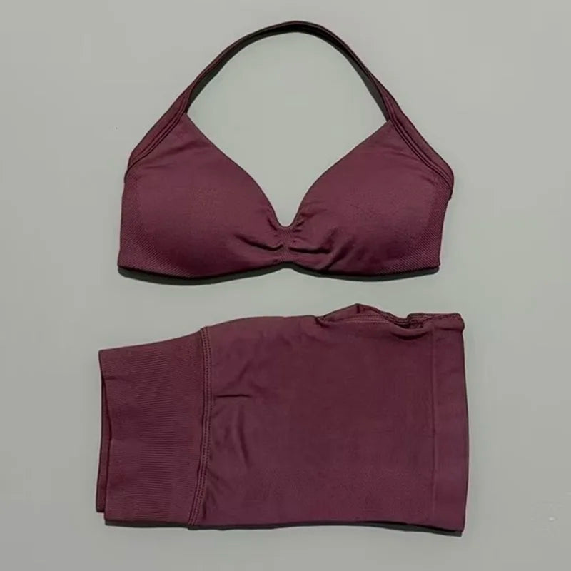 Women's Two-Piece Workout Set - Sports Bra and Shorts - Espresso