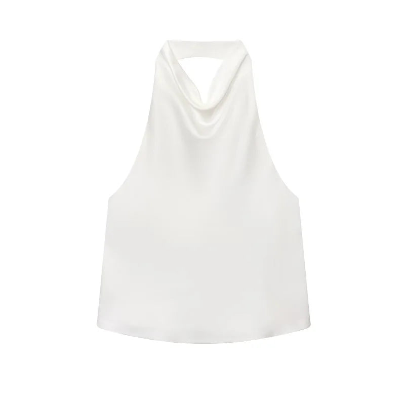 Women's Satin Halter Top - Backless Summer Camisole - White