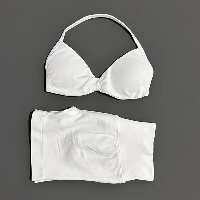Women's Two-Piece Workout Set - Sports Bra and Shorts - White