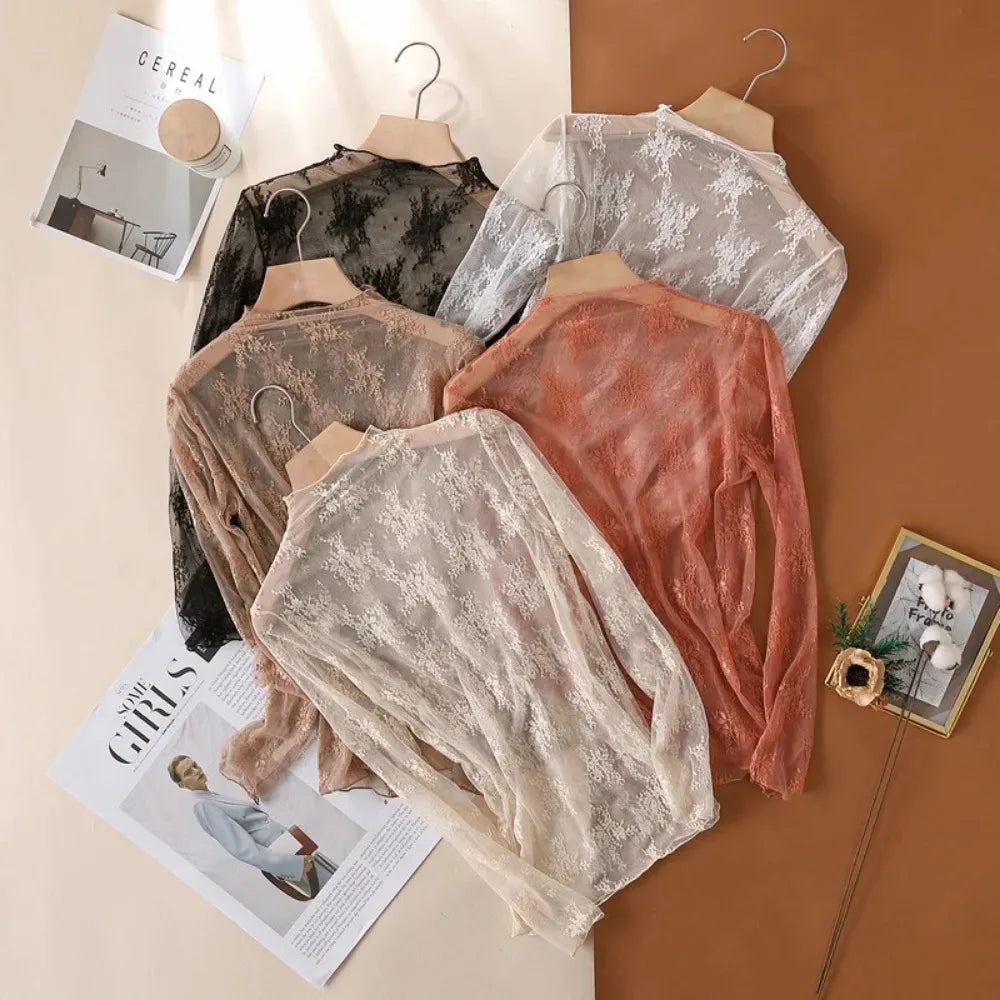 Women's Mesh Lace Top - Long Sleeve Sheer Blouse
