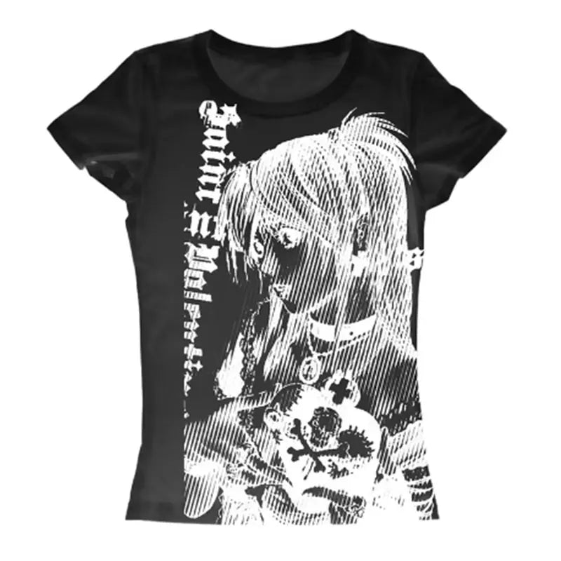 Y2K Graphic Crop T-Shirt - O-Neck Printed Casual Tee - Black