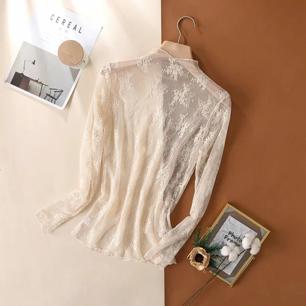 Women's Mesh Lace Top - Long Sleeve Sheer Blouse