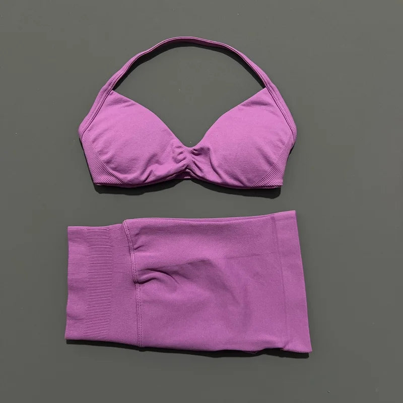 Women's Two-Piece Workout Set - Sports Bra and Shorts - Rose Purple