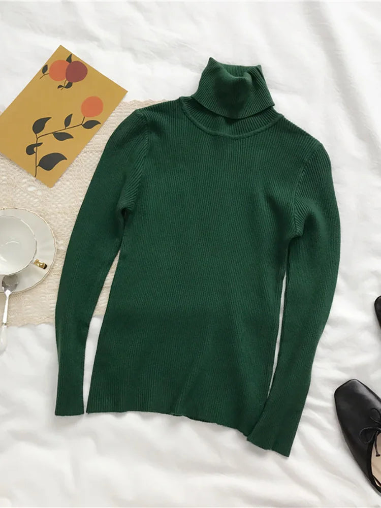 Women's Turtleneck Sweater - Long Sleeve Pullover Knit Top - Green