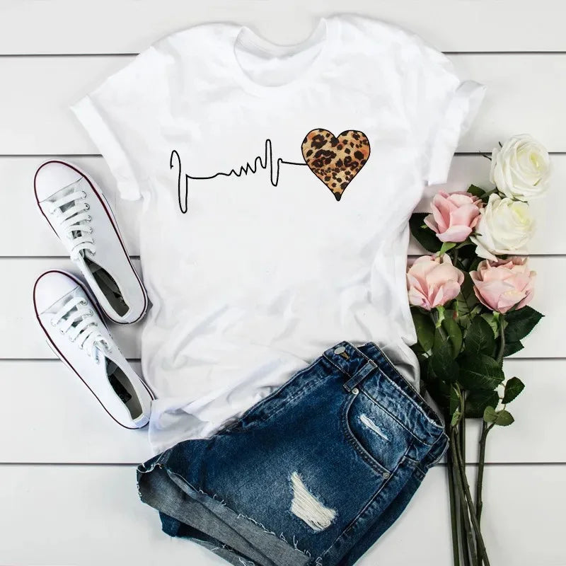 Leopard Graphic T-Shirt - Short Sleeve Casual Top - White