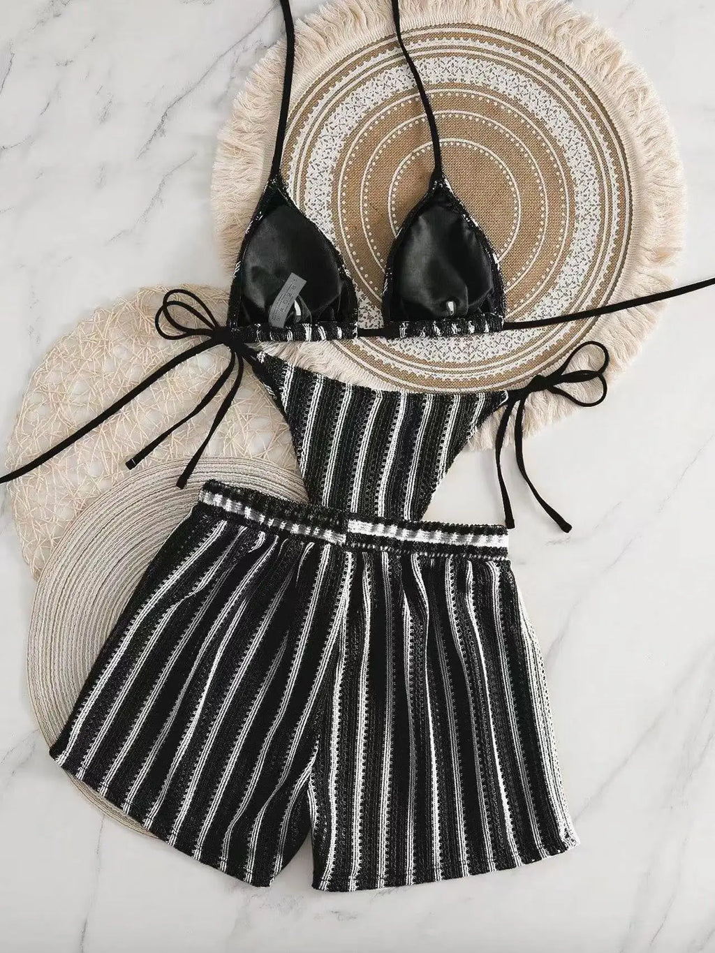 Women's Three-Piece Bikini Set - Lace-Up Mesh Swimwear - Black