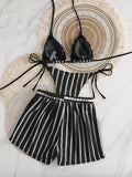 Women's Three-Piece Bikini Set - Lace-Up Mesh Swimwear - Black