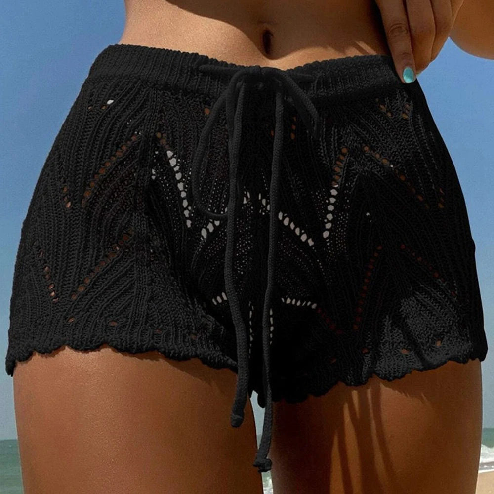 Women's Lace Beach Shorts - Drawstring Bikini Cover-Up Style - Black