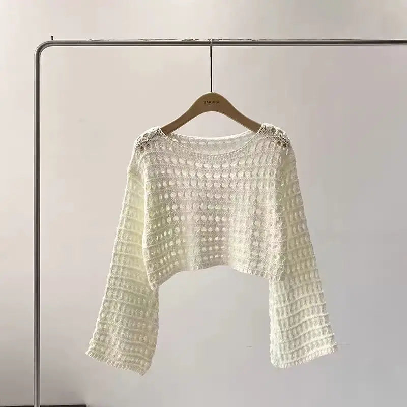Women's Crochet Cover-Up Top - Long Sleeve Beach Pullover - White