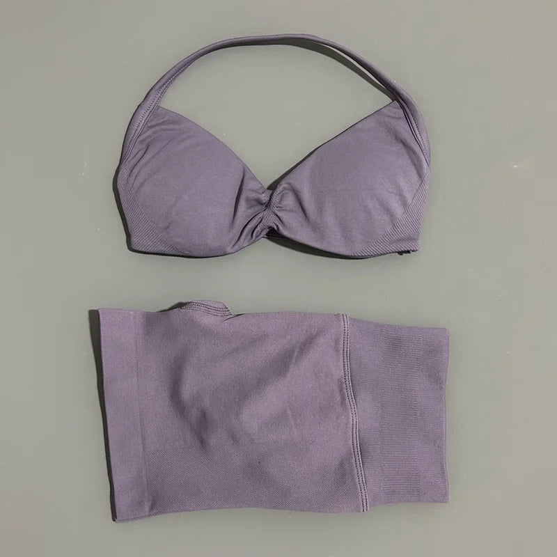 Women's Two-Piece Workout Set - Sports Bra and Shorts - Mushroom Gray